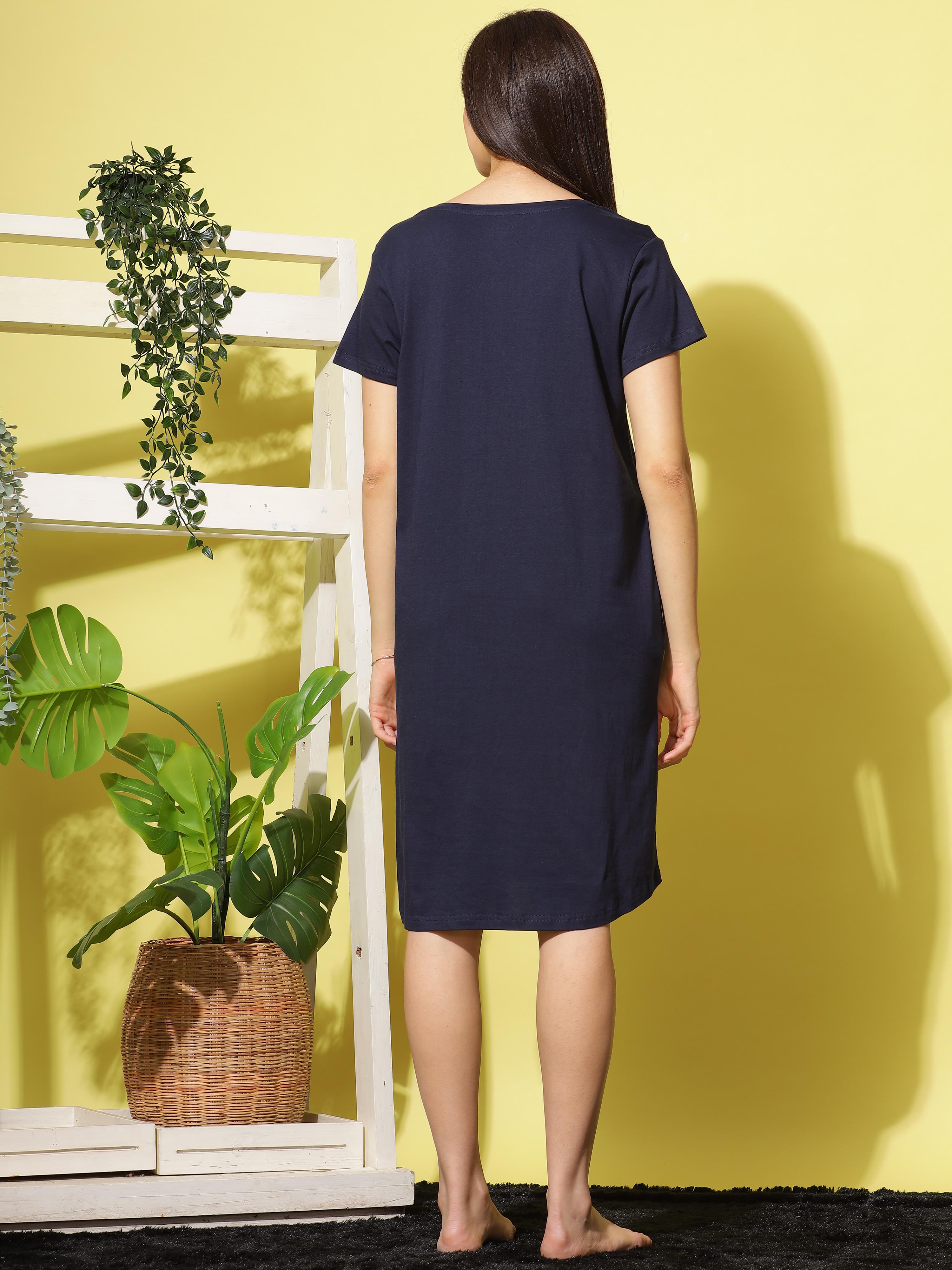 Branded Navy Blue Soft Cotton Short Night dress for Women