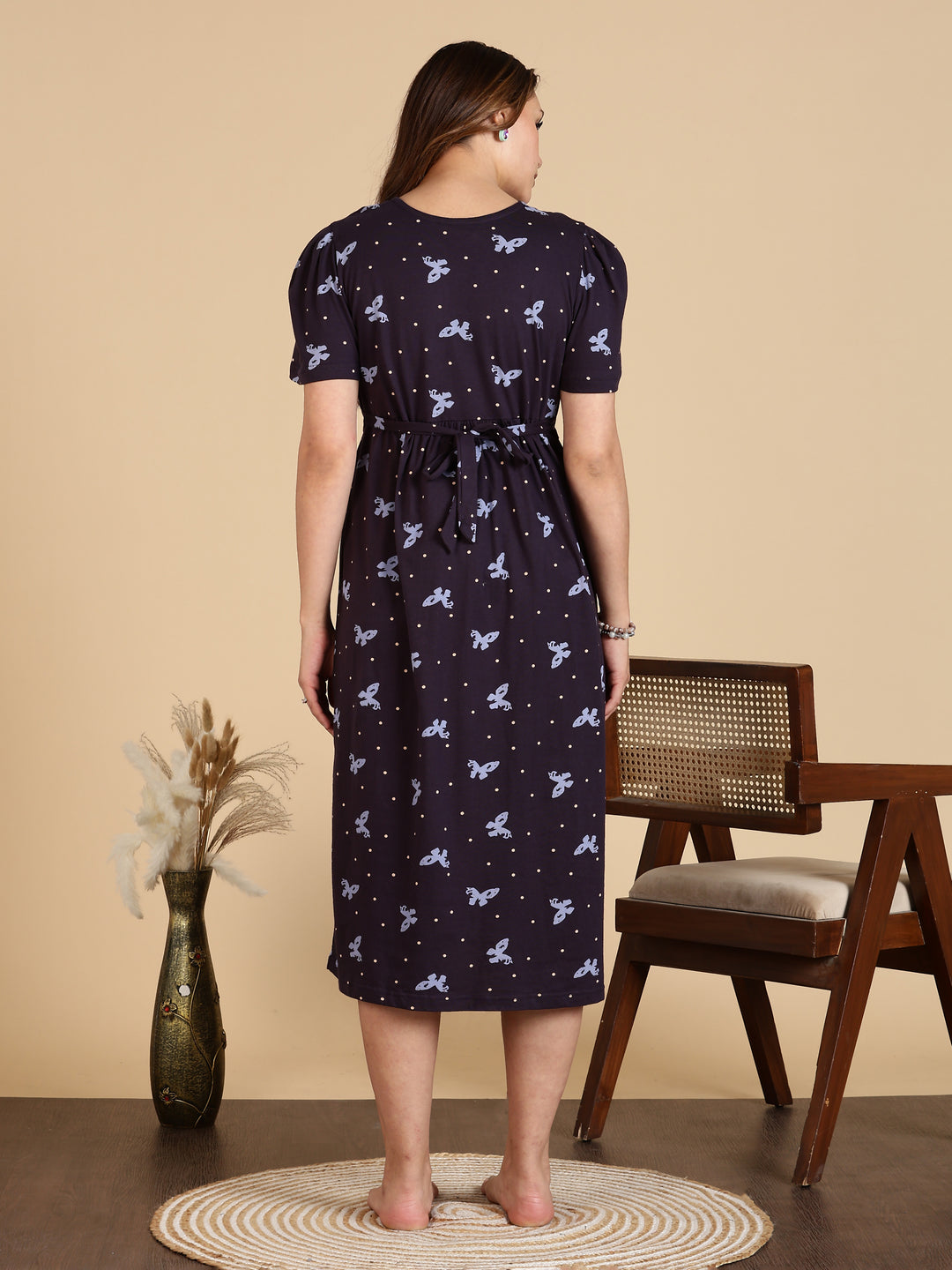 Navy Blue Stylish Zipless Feeding Nighty for Women