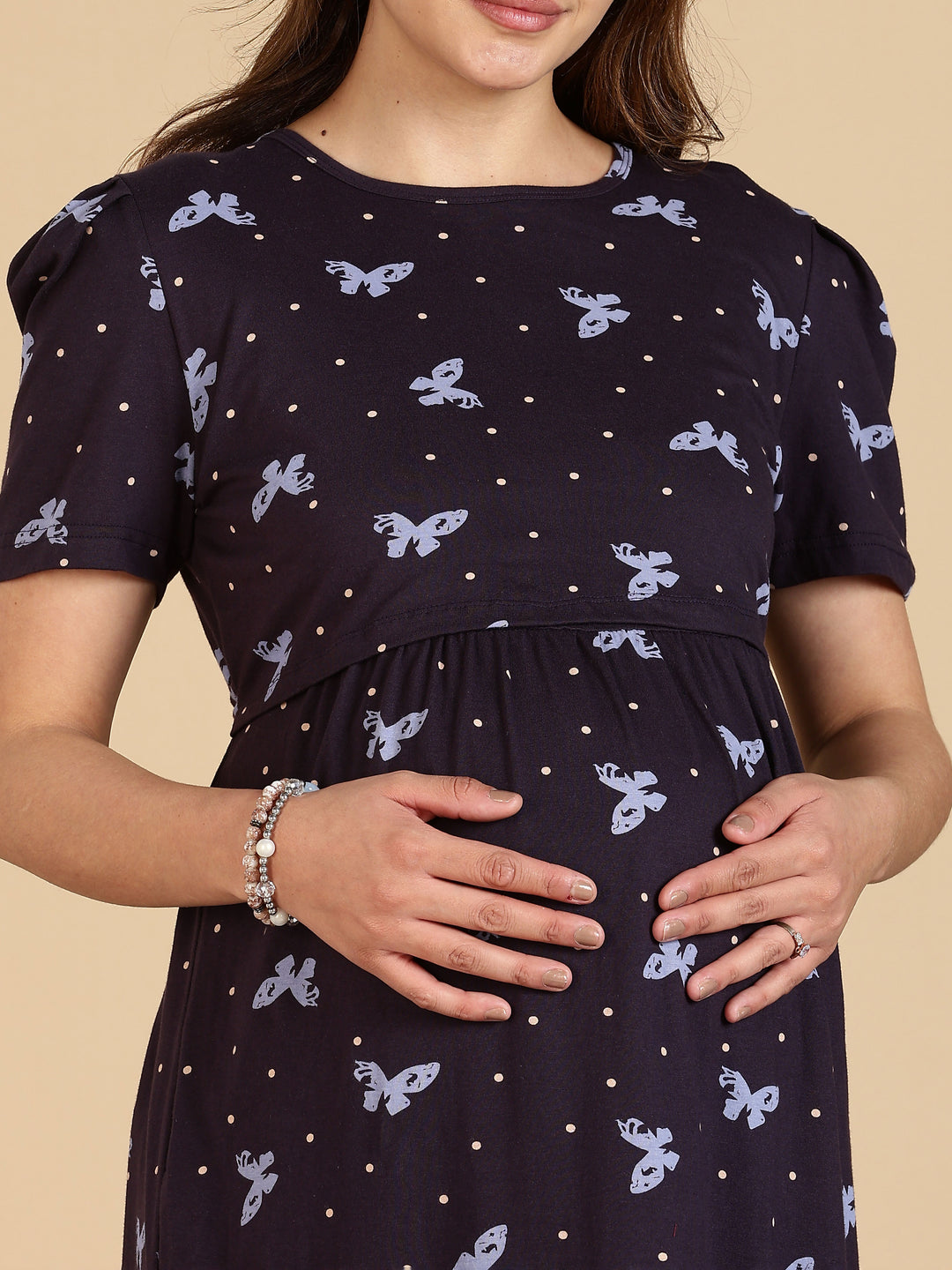 Navy Blue Stylish Zipless Feeding Nighty for Women