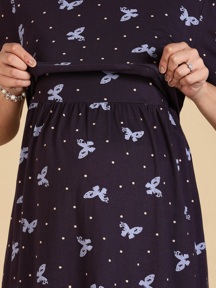 Navy Blue Stylish Zipless Feeding Nighty for Women