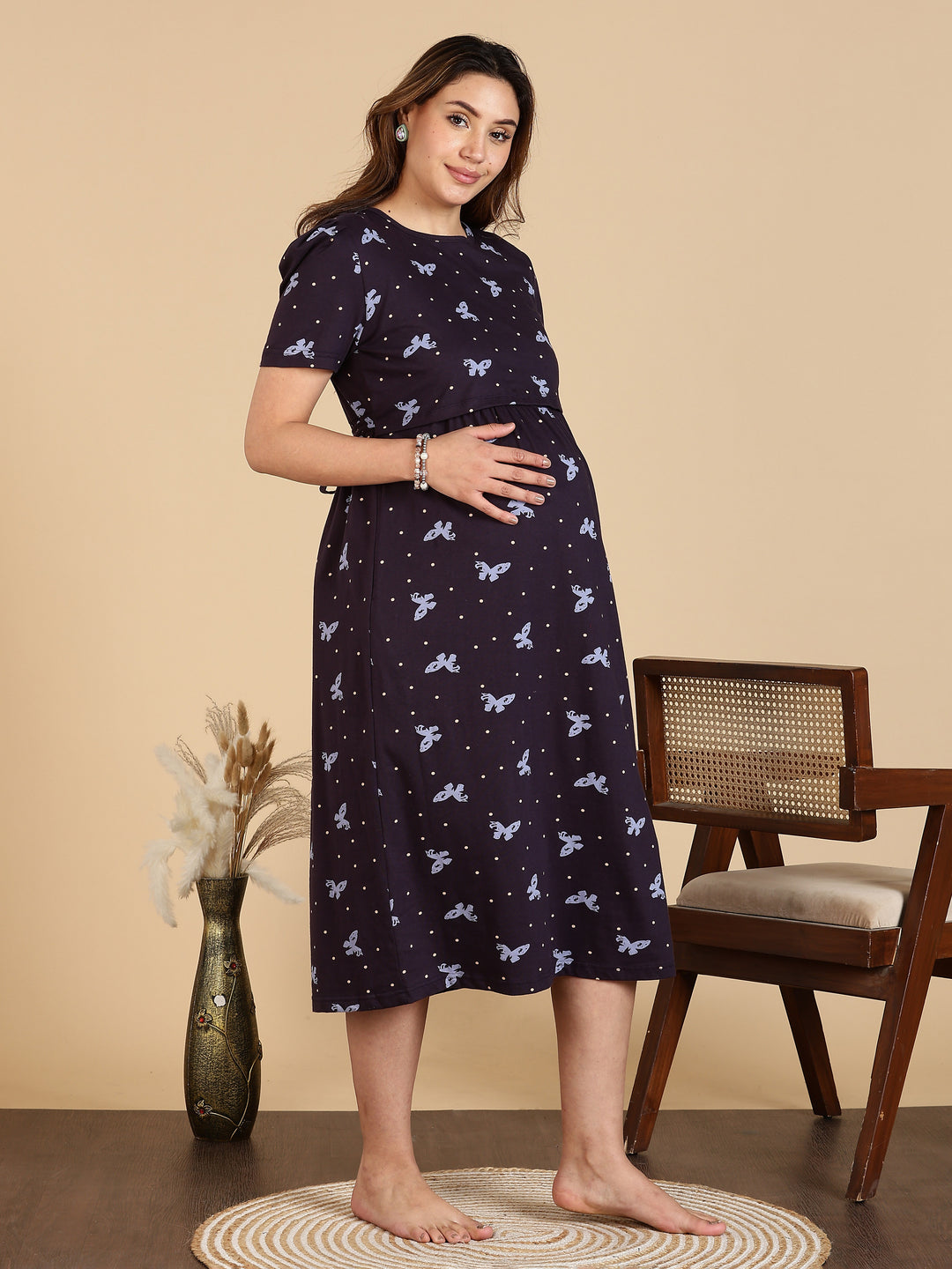 Navy Blue Stylish Zipless Feeding Nighty for Women