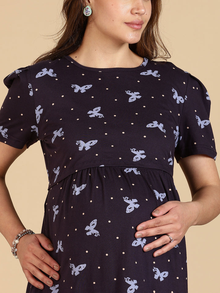 Navy Blue Stylish Zipless Feeding Nighty for Women