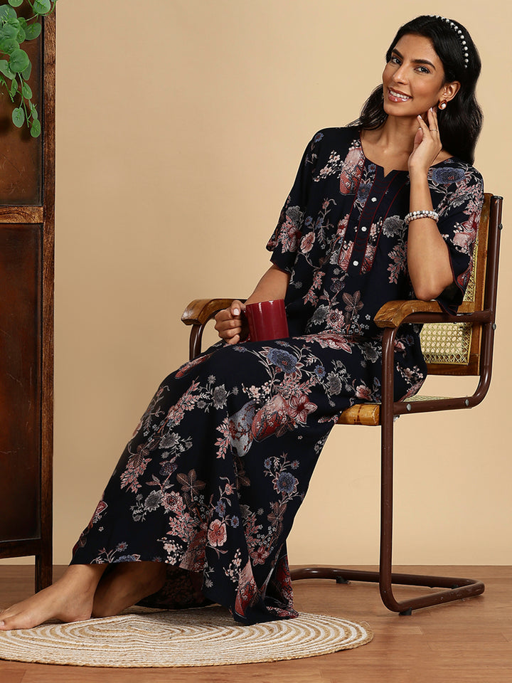 Rayon Navy Floral Branded Night Dress For Women with Pocket