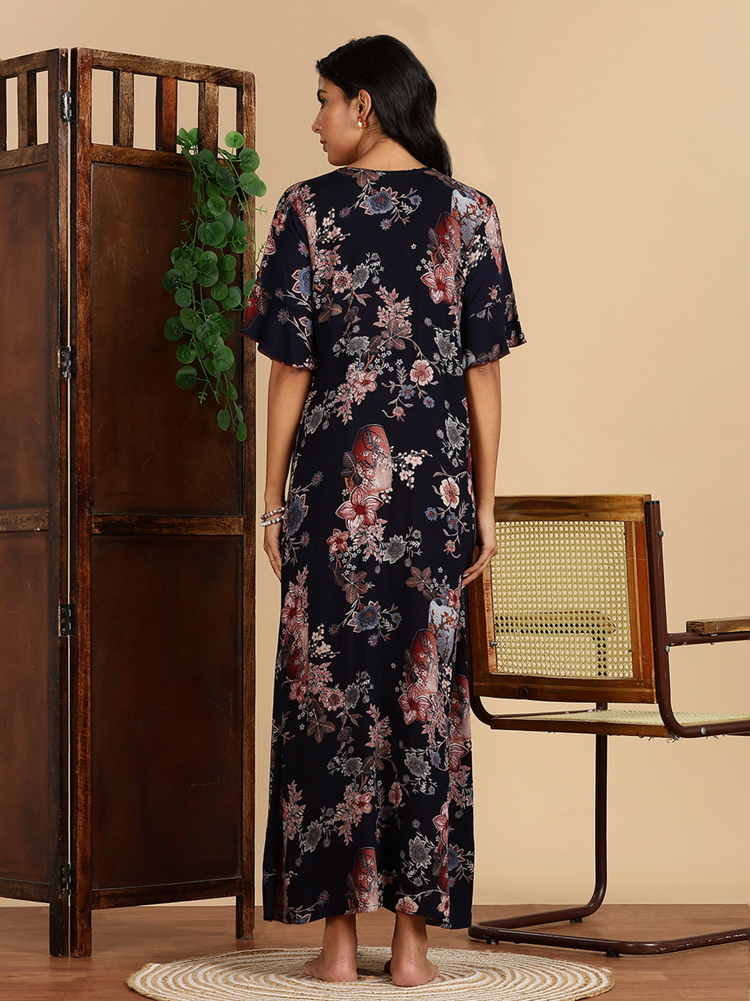 Rayon Navy Floral Branded Night Dress For Women with Pocket