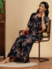 Rayon Navy Floral Nighty For Women with Button Detailing and Pocket