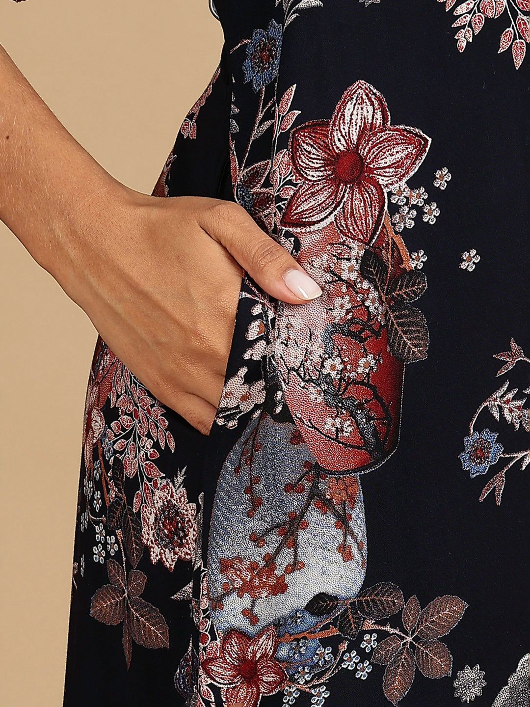 Rayon Navy Floral Branded Night Dress For Women with Pocket