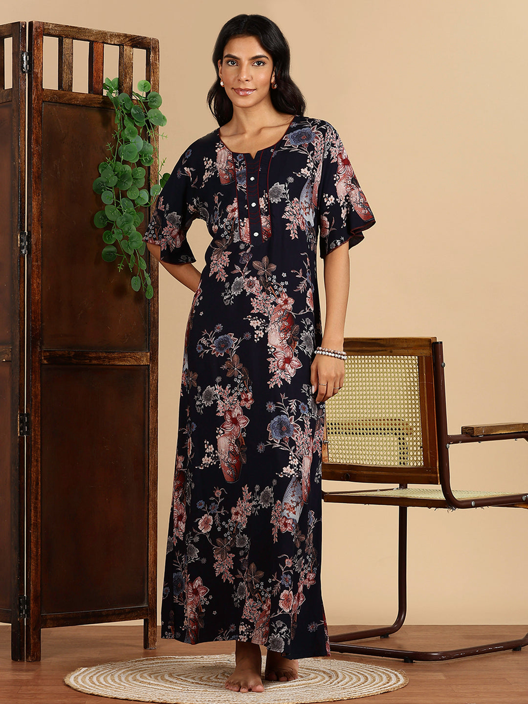 Rayon Navy Floral Branded Night Dress For Women with Pocket