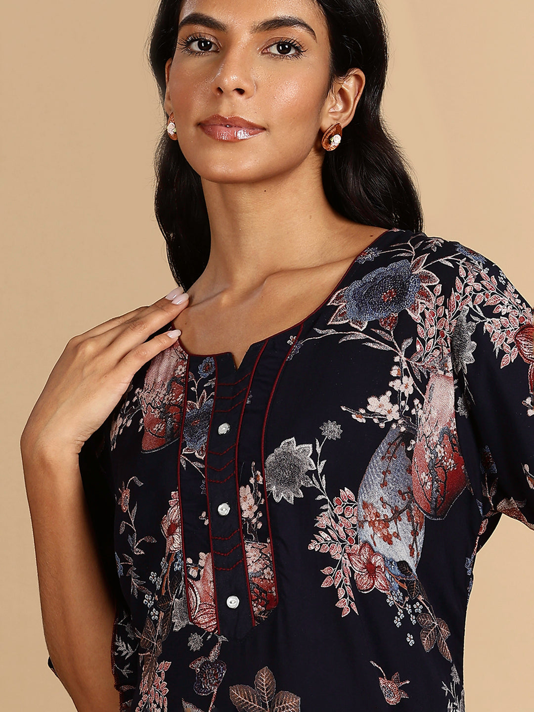 Rayon Navy Floral Branded Night Dress For Women with Pocket