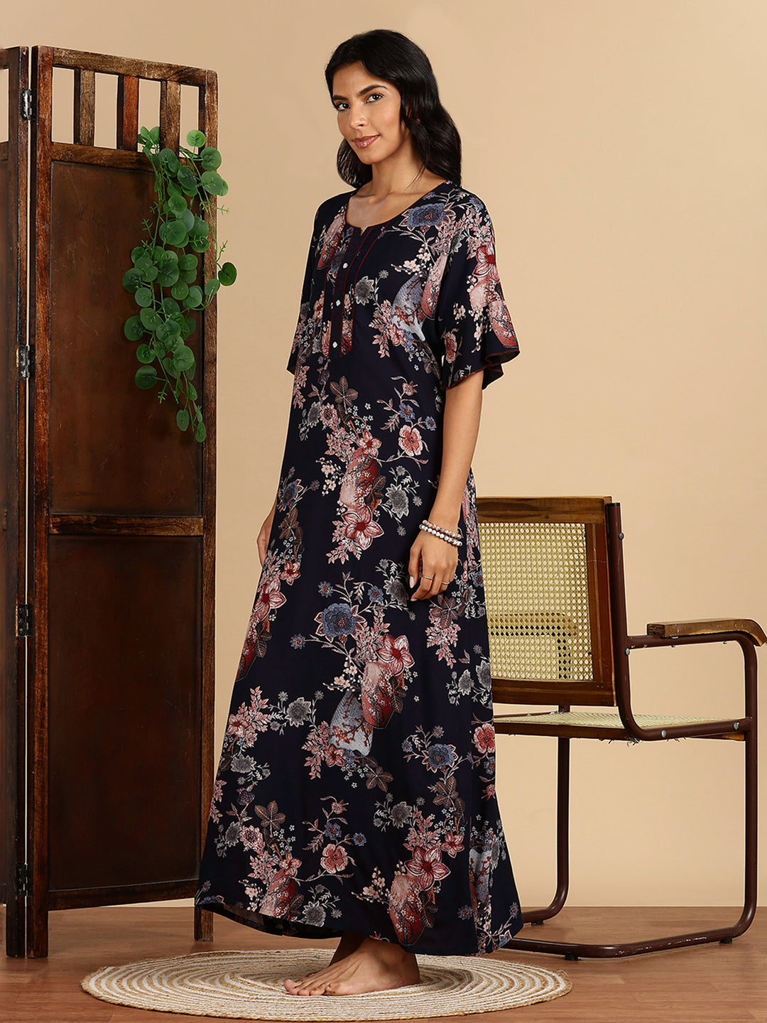 Rayon Navy Floral Branded Night Dress For Women with Pocket