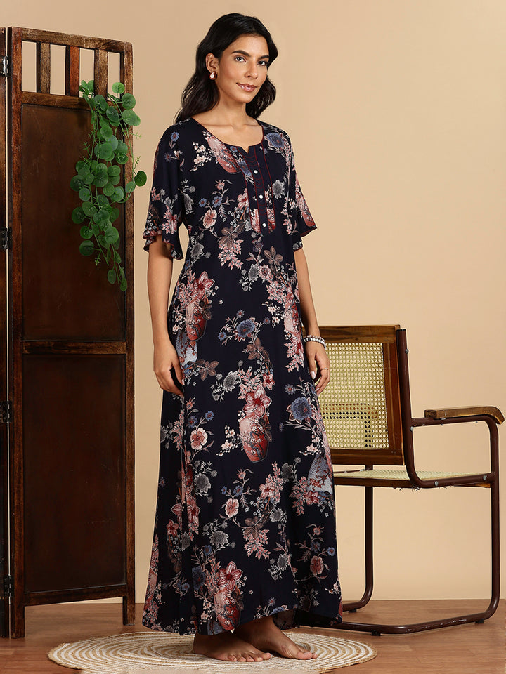 Rayon Navy Floral Branded Night Dress For Women with Pocket