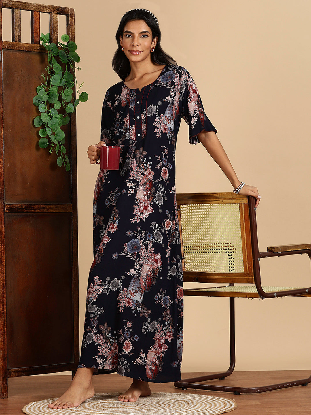 Rayon Navy Floral Branded Night Dress For Women with Pocket