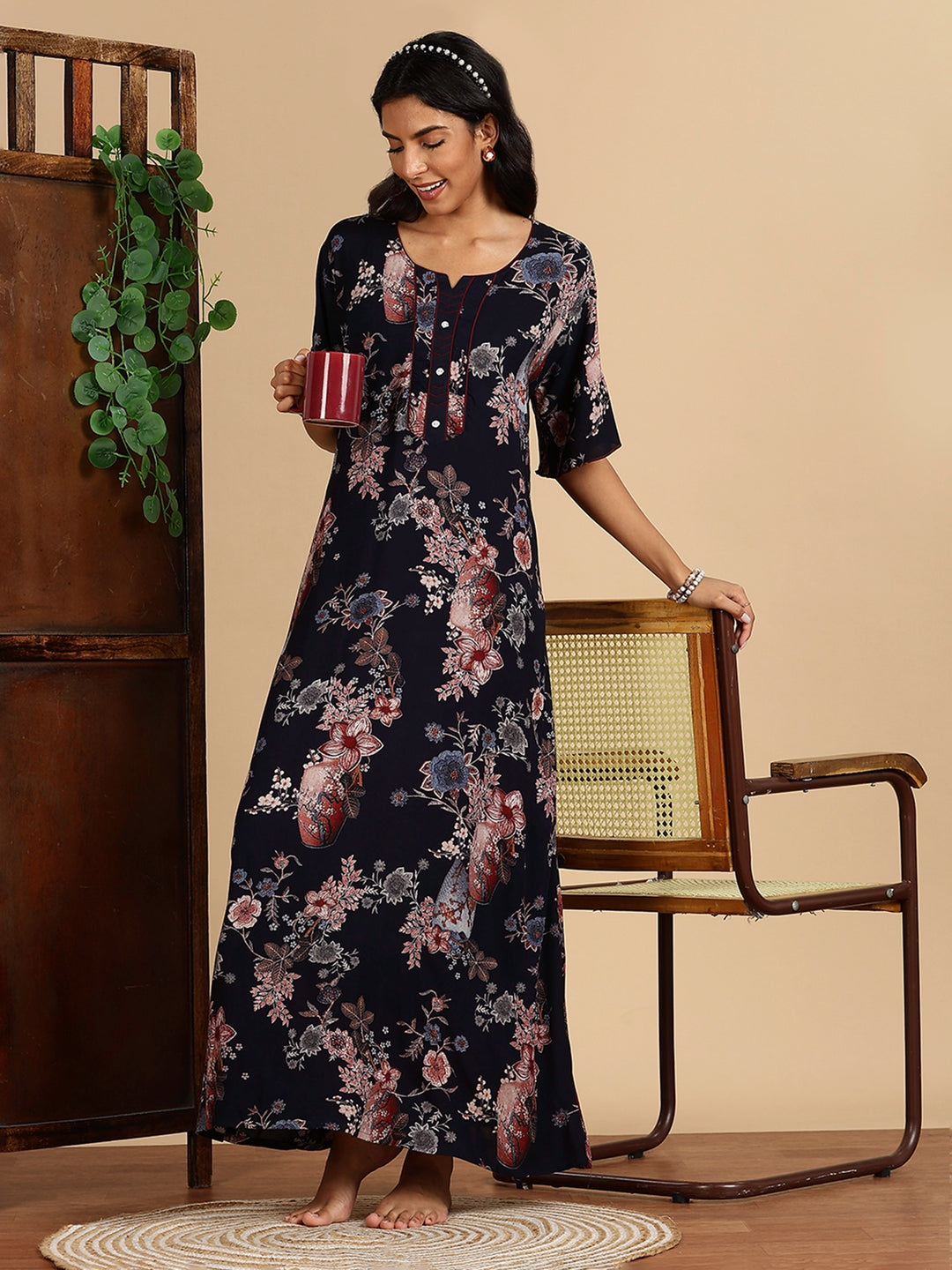 Rayon Navy Floral Branded Night Dress For Women with Pocket