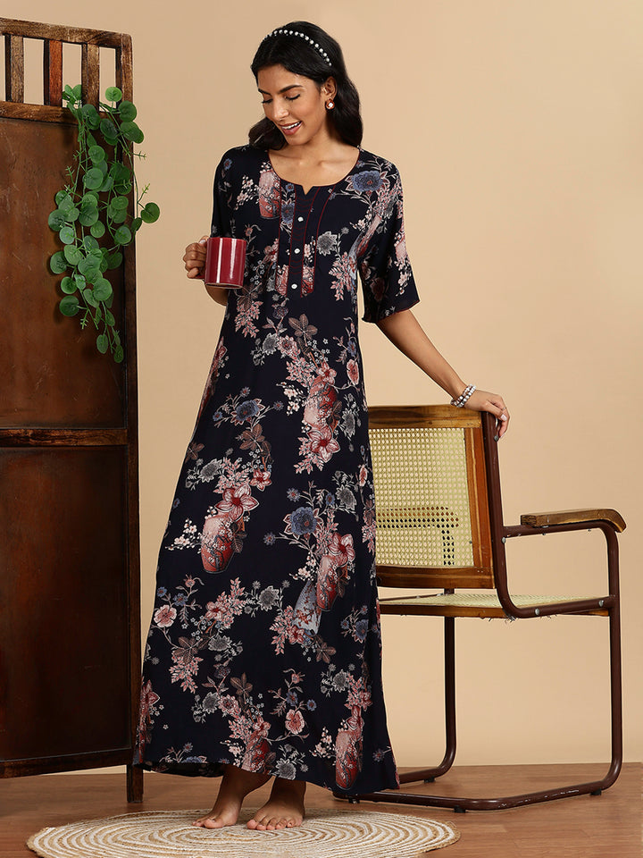 Rayon Navy Floral Branded Night Dress For Women with Pocket