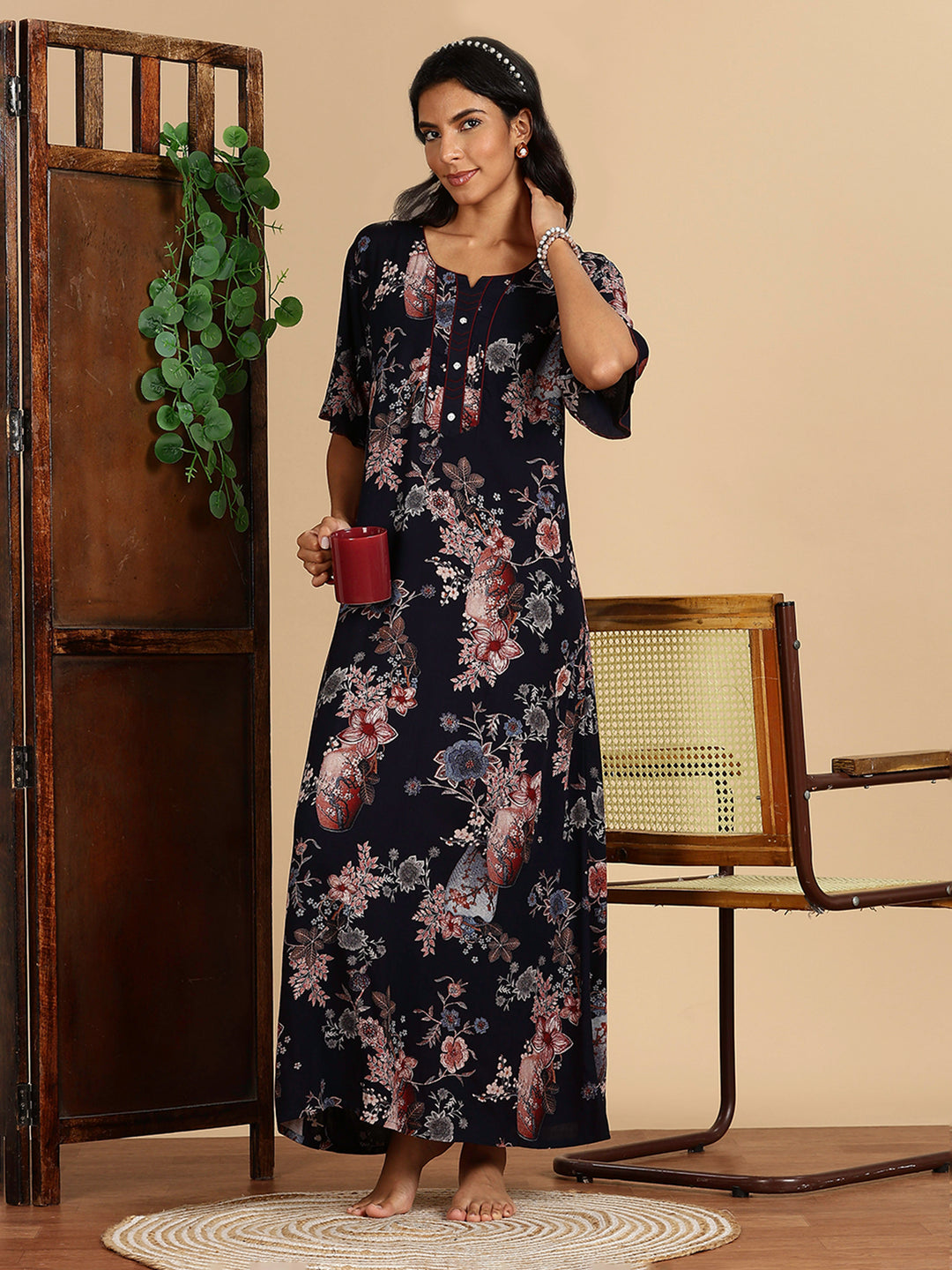 Rayon Navy Floral Branded Night Dress For Women with Pocket