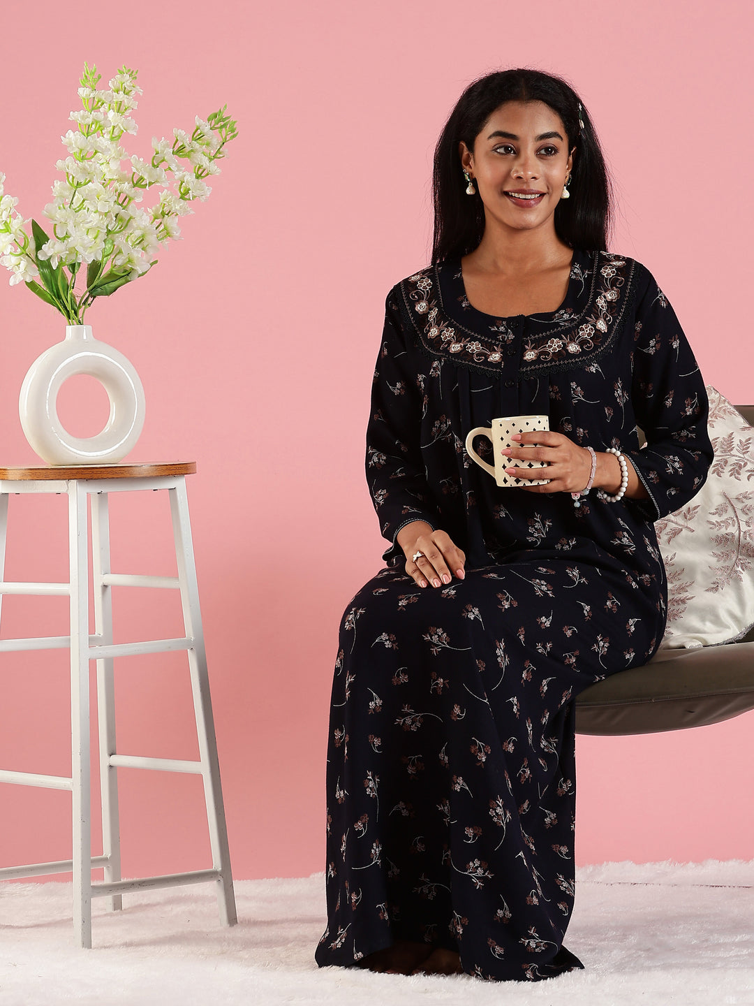 Navy Floral Front Open Nighty with Embroidery and Pocket