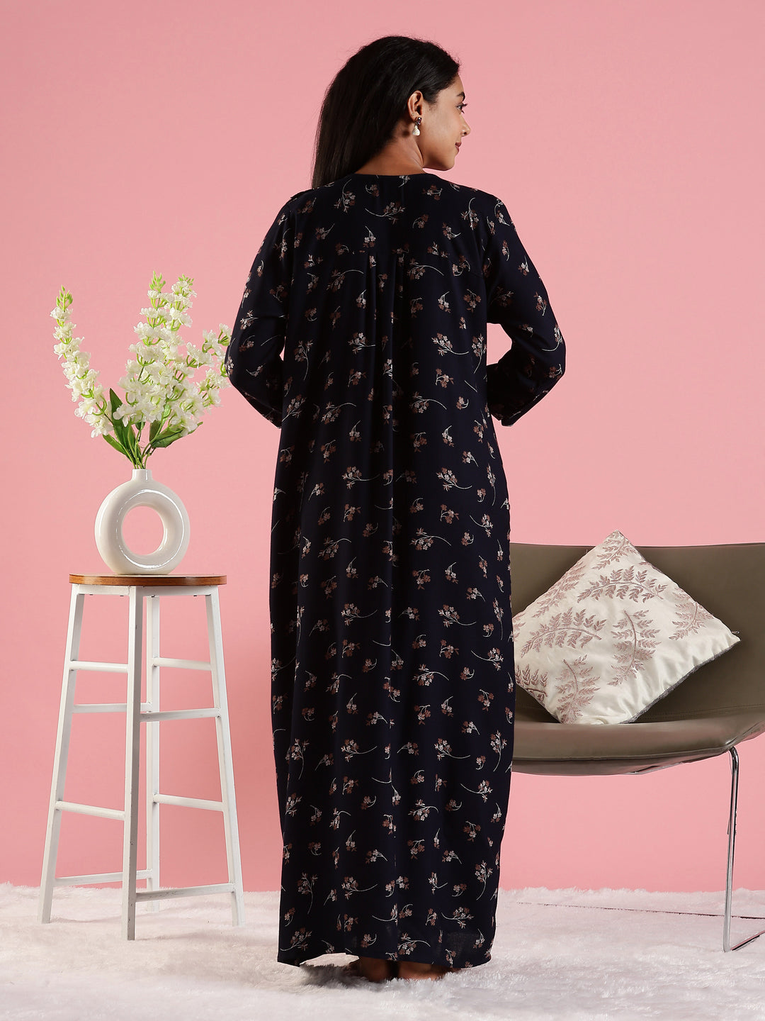 Navy Floral Front Open Nighty with Embroidery and Pocket