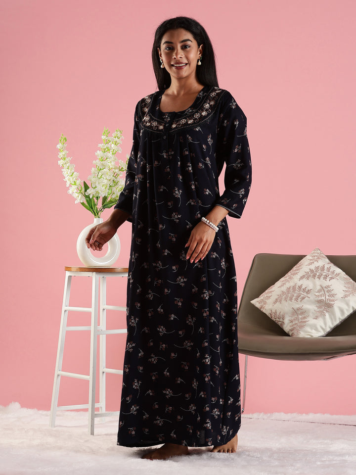 Navy Floral Front Open Nighty with Embroidery and Pocket