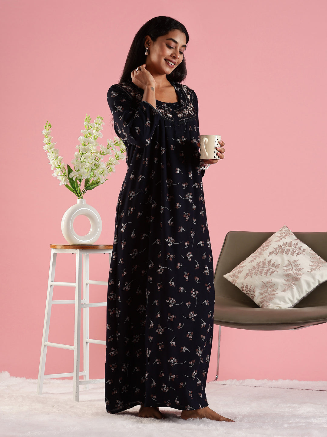 Navy Floral Front Open Nighty with Embroidery and Pocket