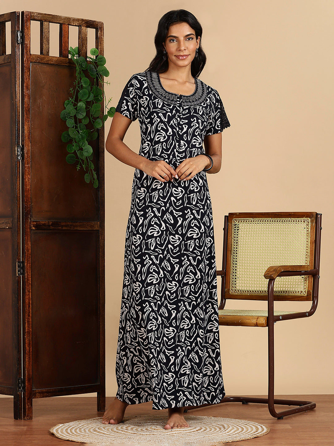 Navy Hosiery Cotton Nighty Dress with Starlight Embroidery