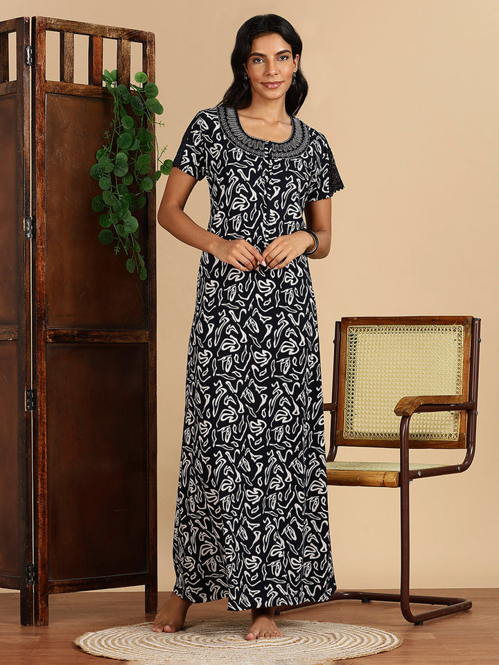 Navy Hosiery Cotton Nighty Dress with Starlight Embroidery