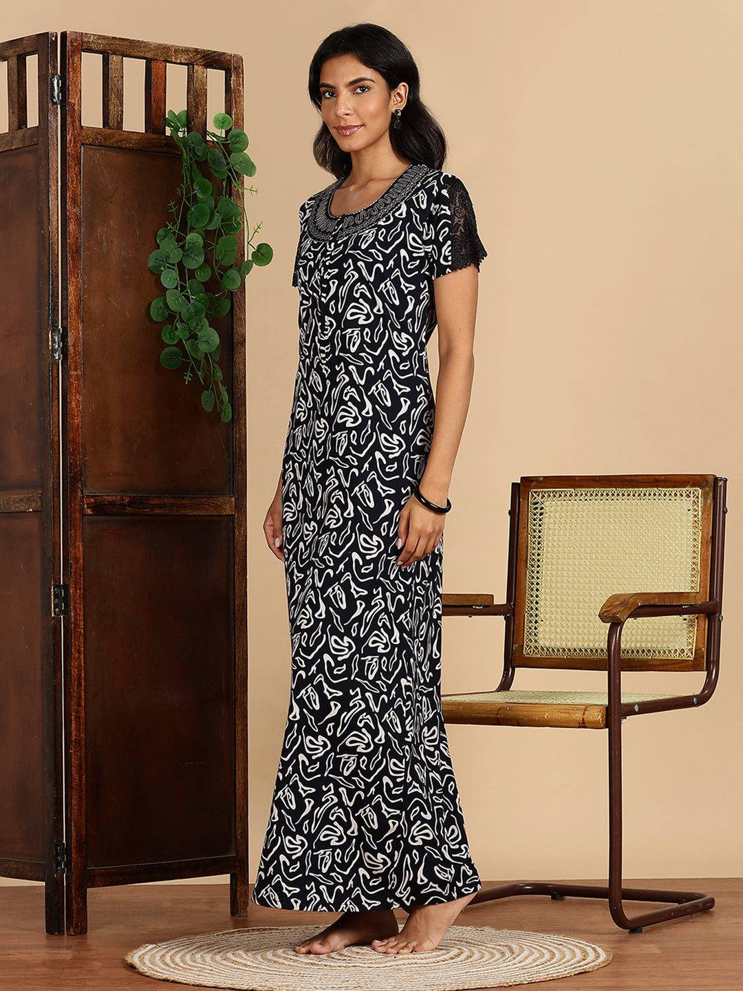 Navy Hosiery Cotton Nighty Dress with Starlight Embroidery