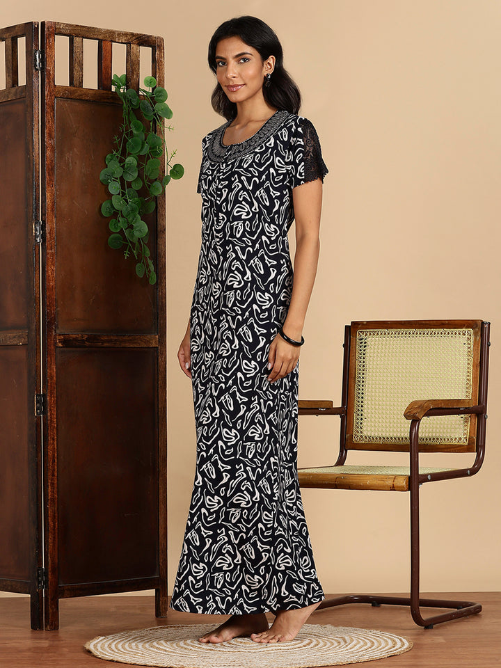 Navy Hosiery Cotton Nighty Dress with Starlight Embroidery