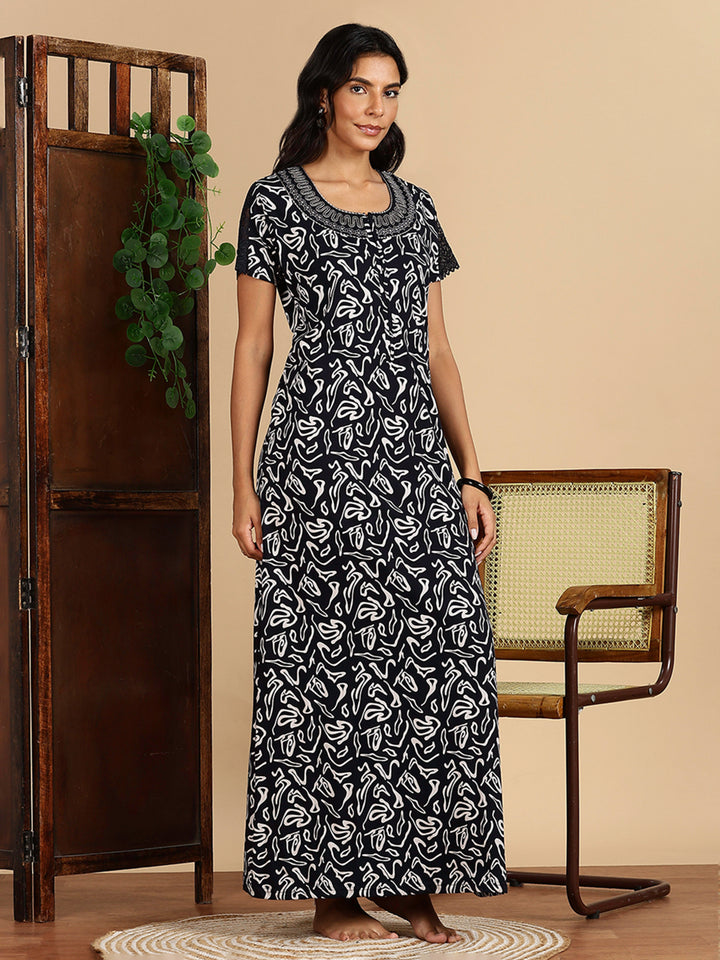 Navy Hosiery Cotton Nighty Dress with Starlight Embroidery