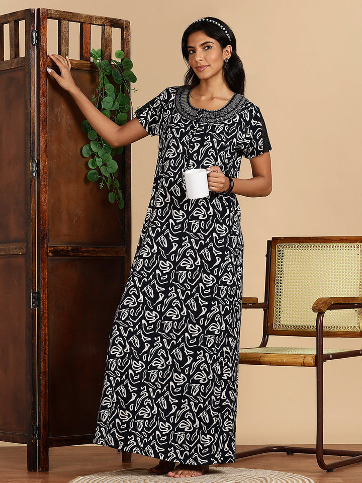 Navy Hosiery Cotton Nighty Dress with Starlight Embroidery