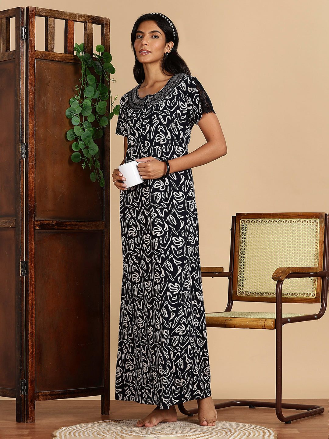 Navy Hosiery Cotton Nighty Dress with Starlight Embroidery