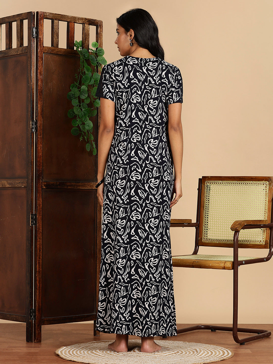 Navy Hosiery Cotton Nighty Dress with Starlight Embroidery