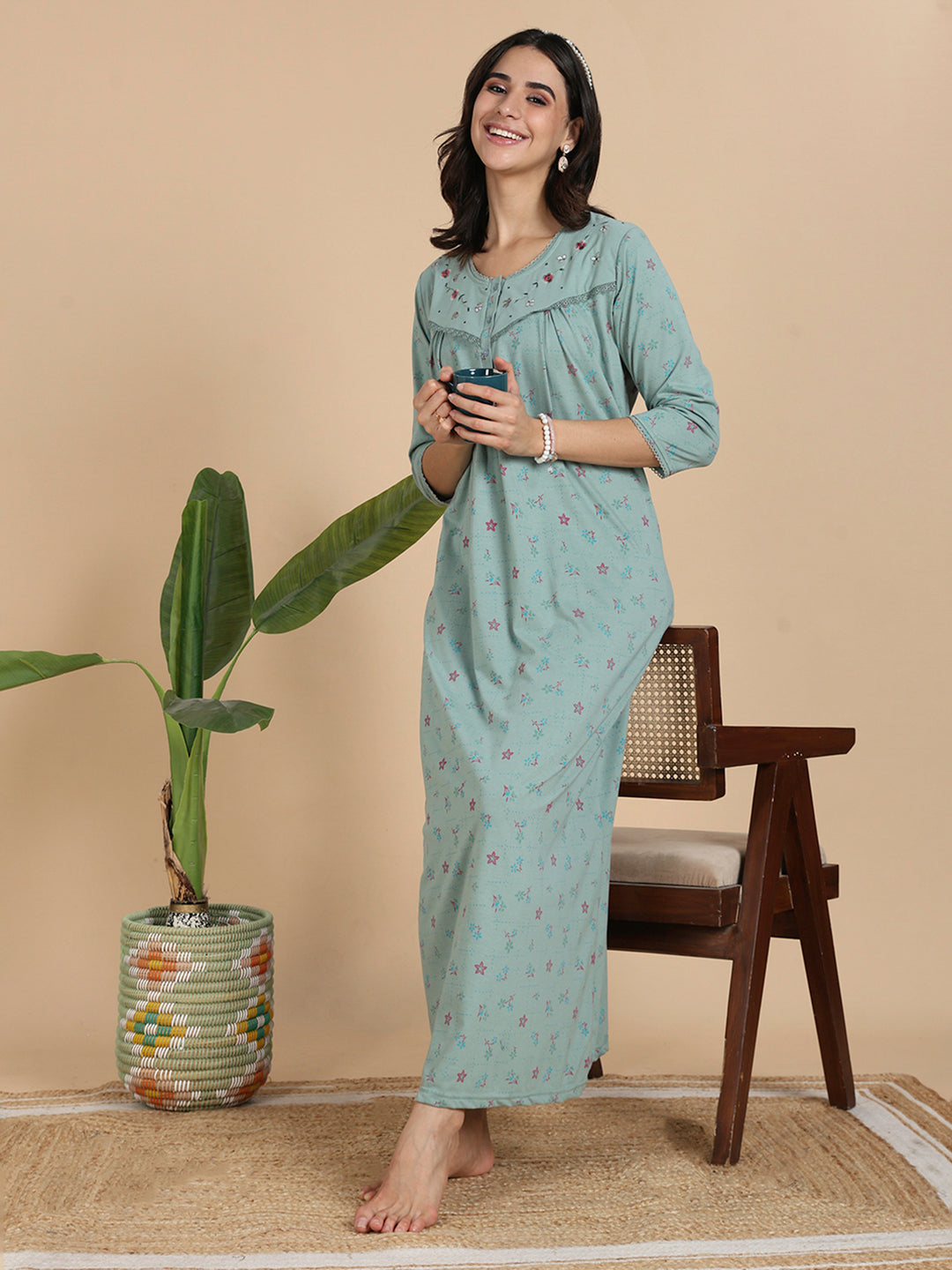 Ocean Mint Cotton Blend Front Open Nighty with Pocket And Feeding Buttons