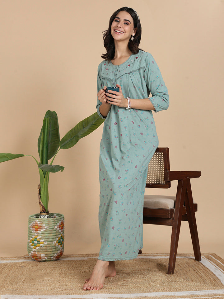 Ocean Mint Cotton Blend Front Open Nighty with Pocket And Feeding Buttons
