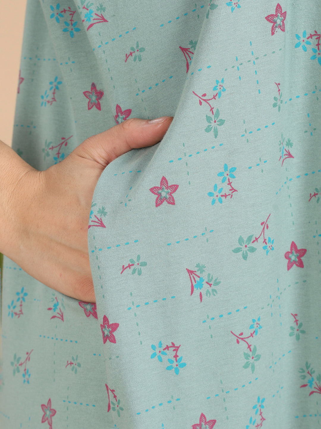 Ocean Mint Cotton Blend Front Open Nighty with Pocket And Feeding Buttons