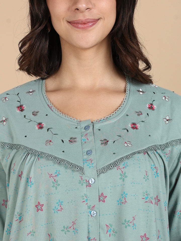 Ocean Mint Cotton Blend Front Open Nighty with Pocket And Feeding Buttons