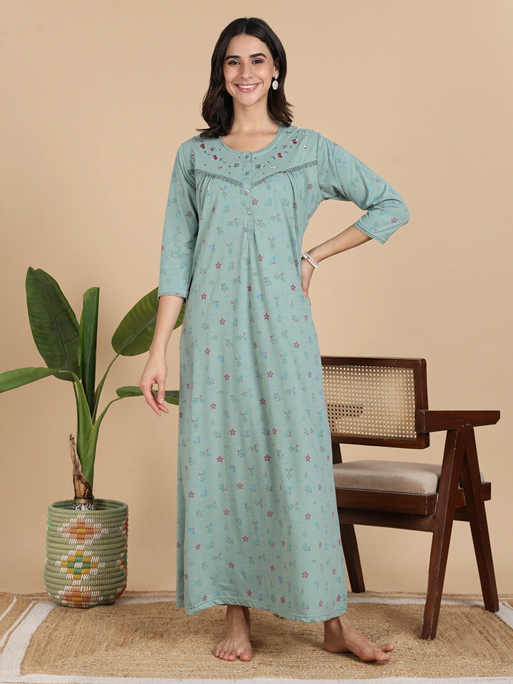 Ocean Mint Cotton Blend Front Open Nighty with Pocket And Feeding Buttons