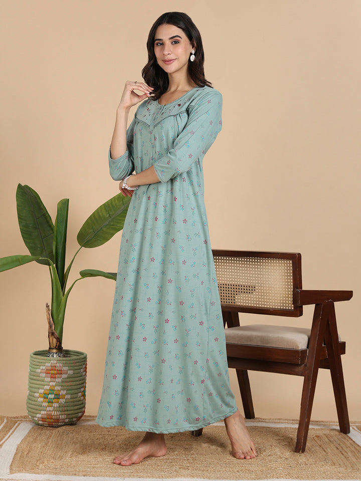 Ocean Mint Cotton Blend Front Open Nighty with Pocket And Feeding Buttons