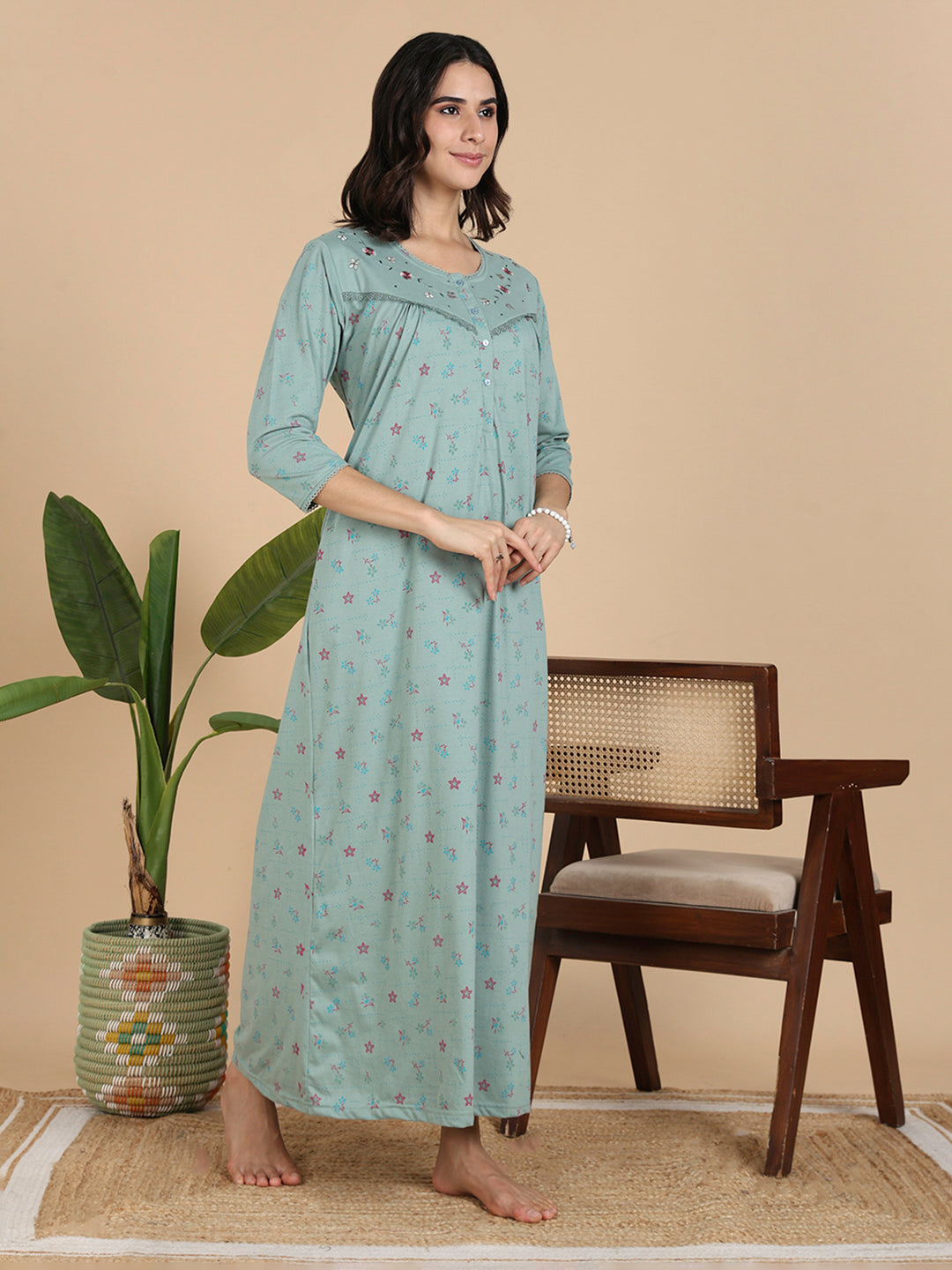 Ocean Mint Cotton Blend Front Open Nighty with Pocket And Feeding Buttons