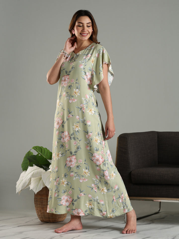 Olive Frock Type Nighty For Women with Side Pocket