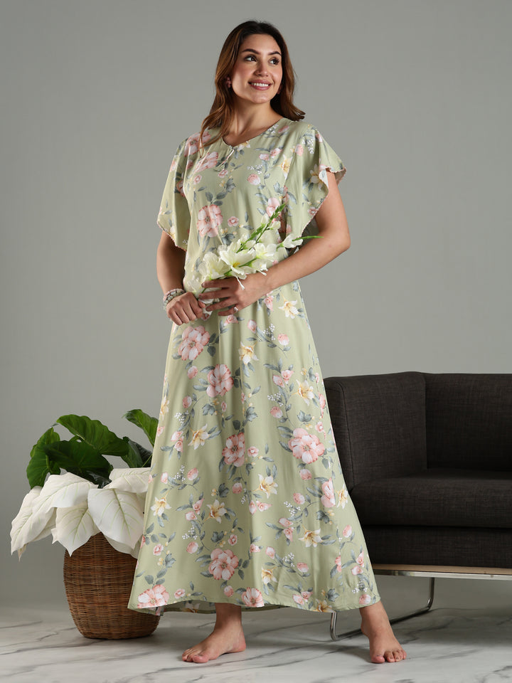 Olive Frock Type Nighty For Women with Side Pocket