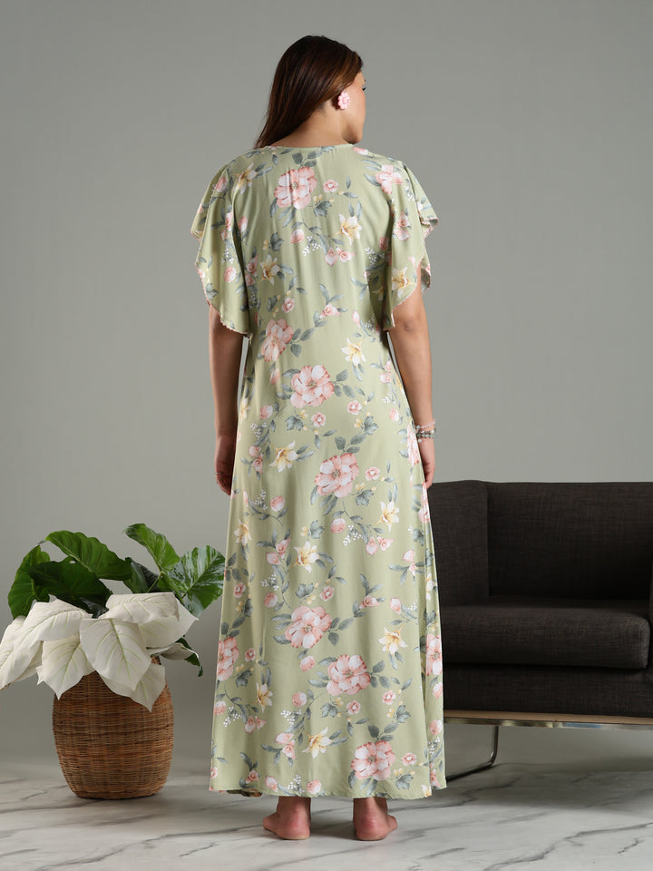 Olive Frock Type Nighty For Women with Side Pocket