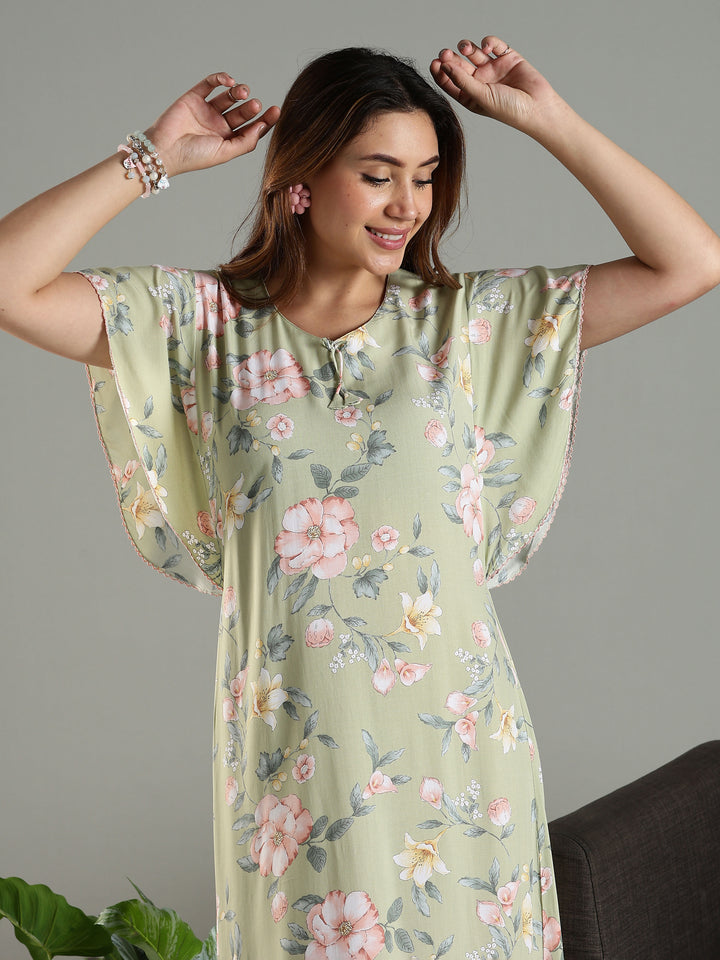 Olive Frock Type Nighty For Women with Side Pocket