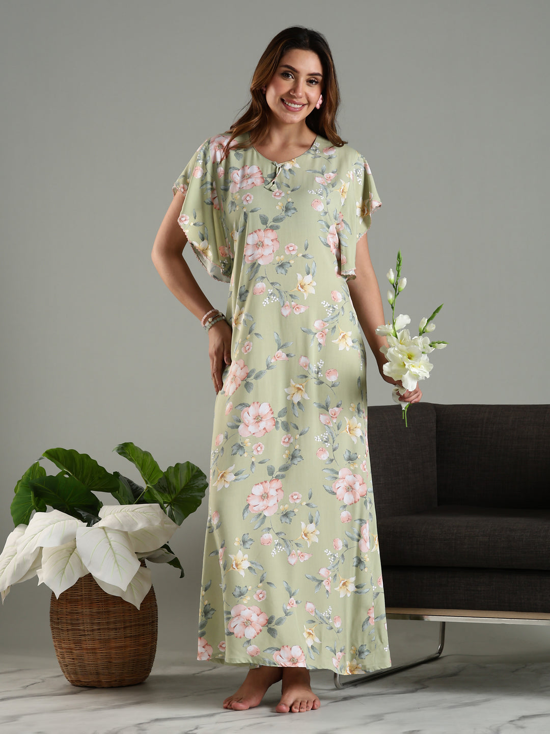 Olive Frock Type Nighty For Women with Side Pocket