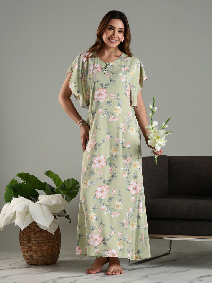 Olive Frock Type Nighty For Women with Side Pocket