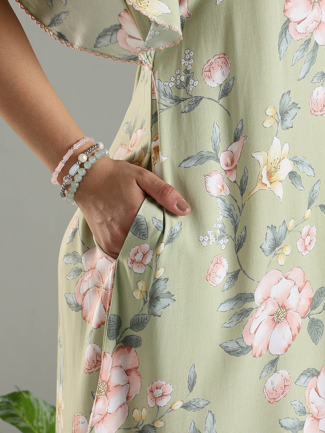 Olive Frock Type Nighty For Women with Side Pocket