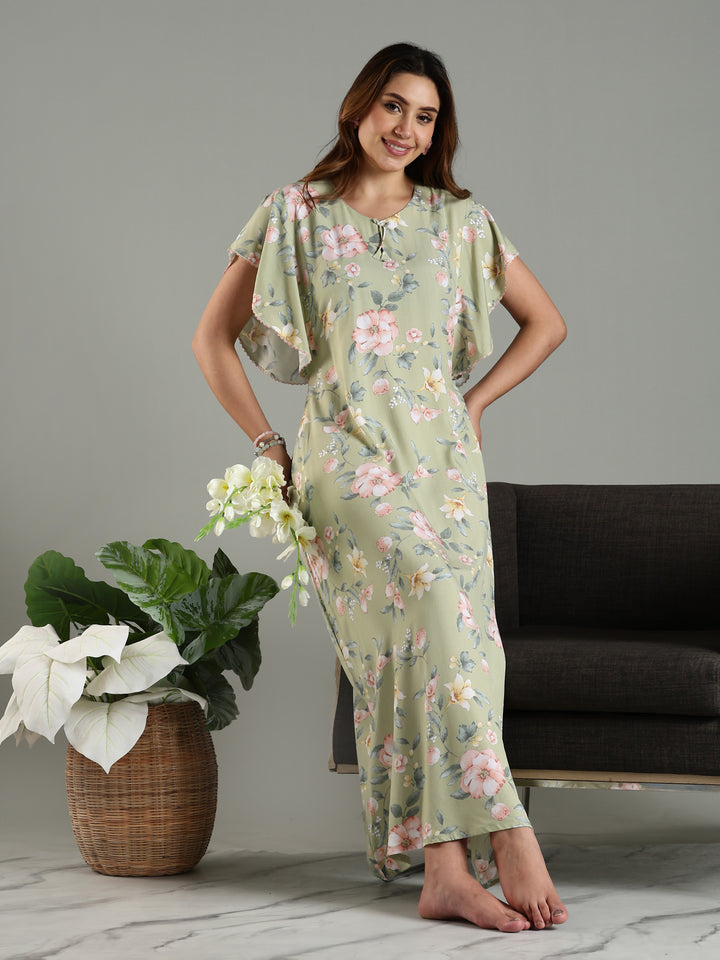 Olive Frock Type Nighty For Women with Side Pocket