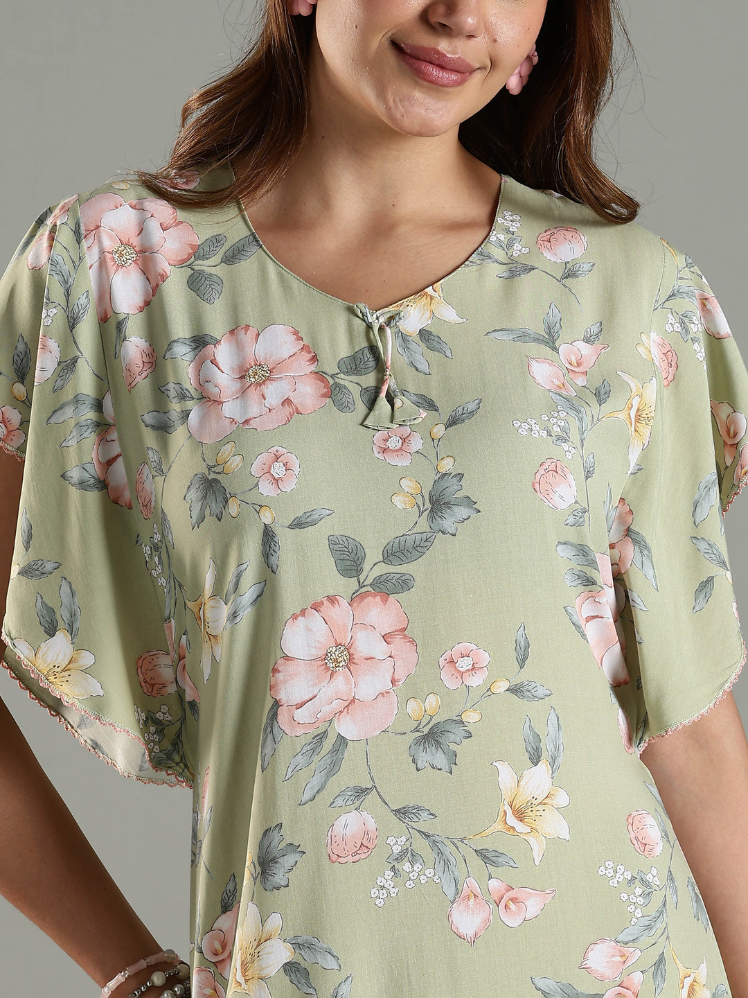 Olive Frock Type Nighty For Women with Side Pocket