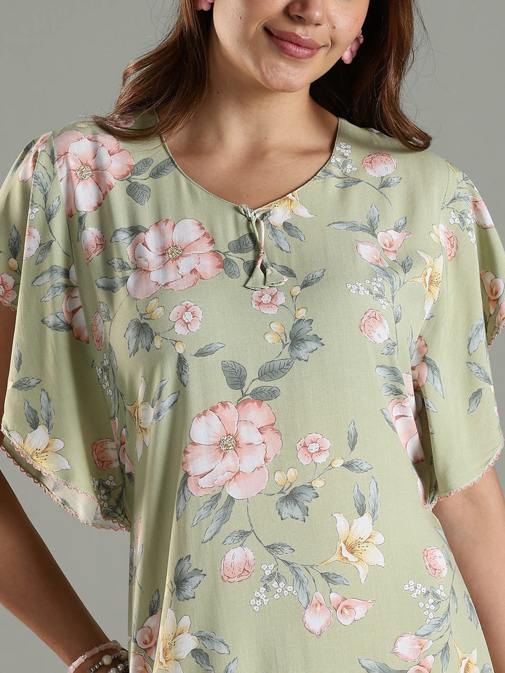 Olive Frock Type Nighty For Women with Side Pocket