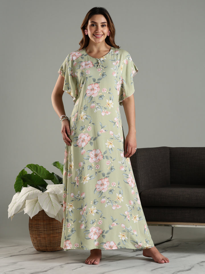 Olive Frock Type Nighty For Women with Side Pocket