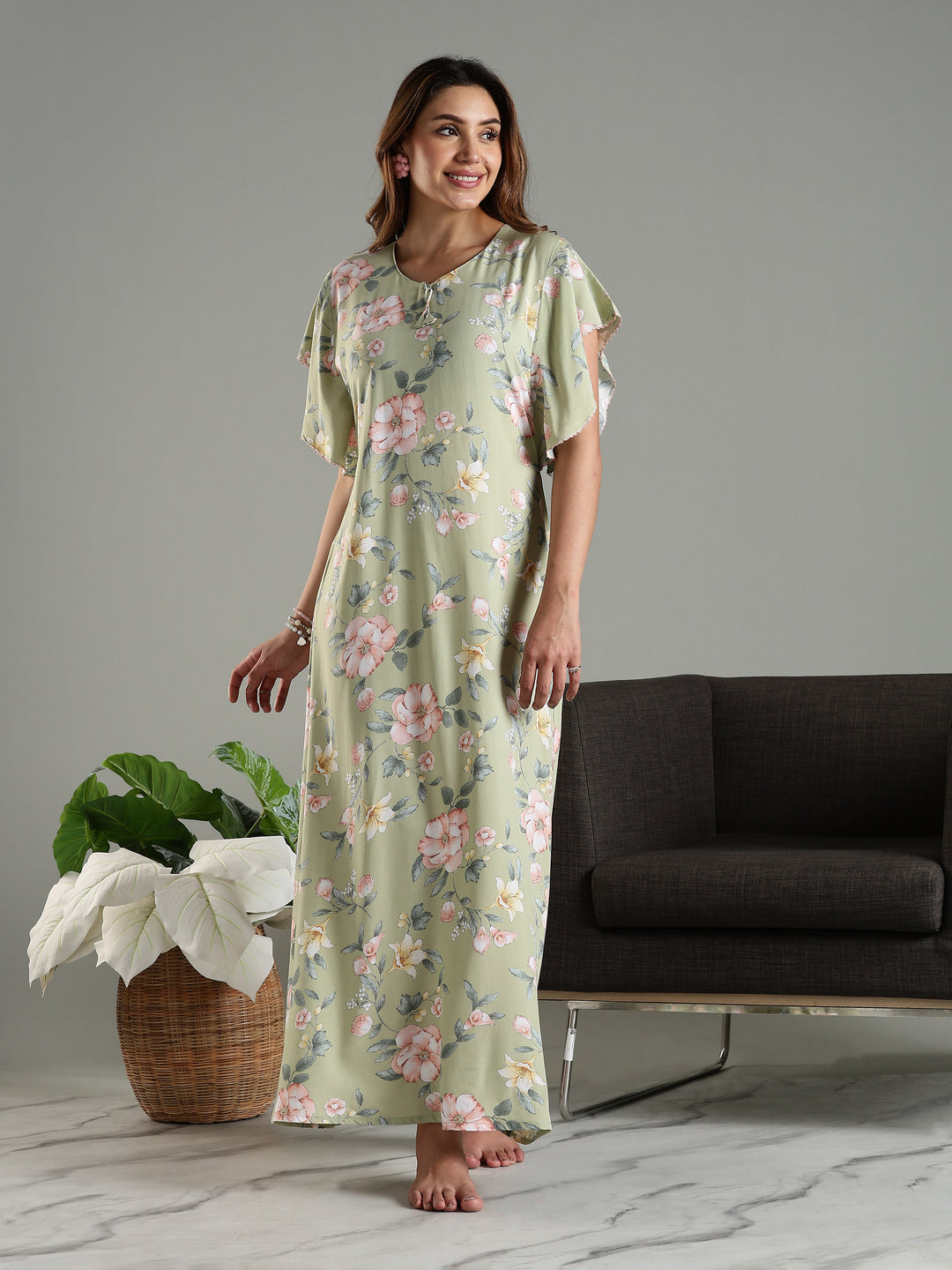 Olive Frock Type Nighty For Women with Side Pocket