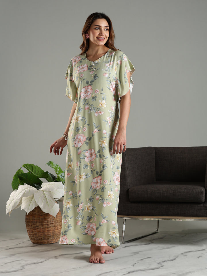Olive Frock Type Nighty For Women with Side Pocket